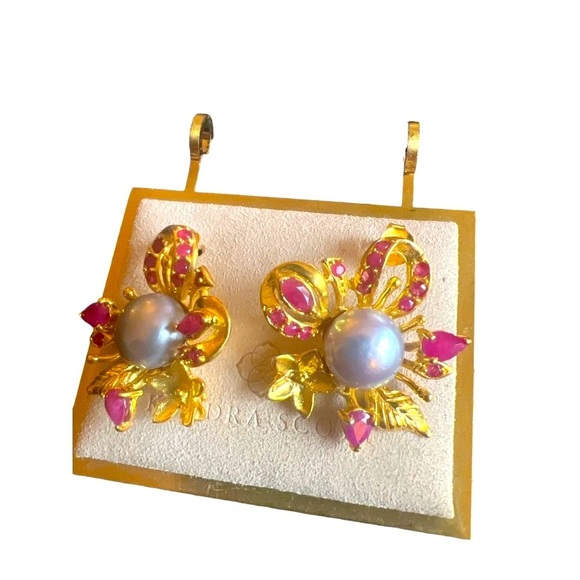 Authentic Ruby & Pearl Pierced Earrings Fine Jewelry Gold Plate on 925 Sterling - Picture 2 of 7